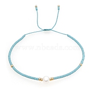 Glass Imitation Pearl & Seed Braided Bead Bracelets, Adjustable Bracelet, Pale Turquoise, 11 inch(28cm)(WO2637-25)