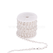 Flower ABS Plastic Imitation Pearl Beaded Trim Garland Strands, with Spool, Glass Rhinestones, for Wedding, White, 9x3mm; about 10yards/roll(CHAC-R001-01)
