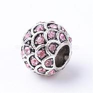 Alloy Rhinestone European Beads, Large Hole Beads, Rondelle, Antique Silver, Light Rose, 10~11x8.5mm, Hole: 4.5mm(MPDL-S047-04)
