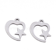 201 Stainless Steel Charms, Laser Cut, Heart with Star, Stainless Steel Color, 14.5x13x0.9mm, Hole: 1.6mm(STAS-S081-074)
