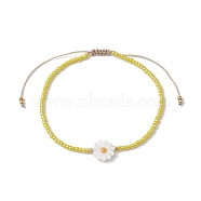 Flower Natural Shell & Glass Seed Braided Bead Bracelets, Adjustable Nylon Bracelet, Yellow, Inner Diameter: 2-1/8~3-1/8 inch(5.5~8cm)(BJEW-JB09921-01)