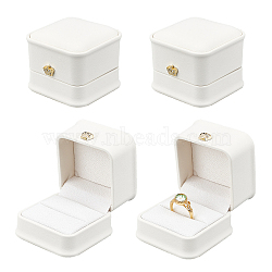 PU Leather Ring Gift Boxes, with Golden Plated Iron Crown and Velvet Inside, for Wedding, Jewelry Storage Case, White, 5.85x5.8x4.9cm(LBOX-NB0001-03C)
