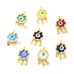 Rack Plating Handmade Evil Eye Lampwork Pendants, with Brass Findings, Long-Lasting Plated, Flat Round, Golden, Mixed Color, 35~35.5x20x5.5mm, Hole: 3mm(KK-F838-01-G)