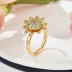 Rotatable Finger Rings for Women, Brass Micro Pave Clear Cubic Zirconia Fidget Spinner Rings, Sunflower, Inner Diameter: 19mm, flower: 16.5x17mm(RJEW-B115-01G-02)