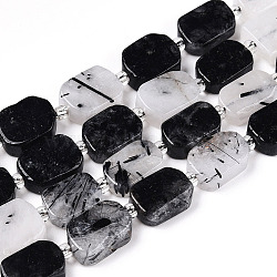 Natural Black Rutilated Quartz Beads Strands, with Seed Beads, Rectangle, 11~13x6.5~9.5x4~5mm, Hole: 0.9mm, seed beads: 3x3x2, Hole: 0.8mm, about 28pcs/strand, 15.43''(39.2cm)(G-T138-03)