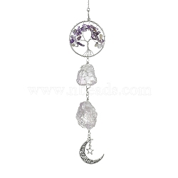Tree of Life Natural Amethyst Pendant Decorations, with Tibetan Style Alloy Pendants and 304 Stainless Steel Cable Chains, 310mm, Pendants: 210x51x26mm(HJEW-JM01855-02)