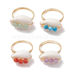 4Pcs Copper Wired Shell Finger Rings, with Natural Agate & Apatite & Amethyst & Green Aventurine Beads, US Size 7 1/4(17.5mm)(RJEW-TA00176)