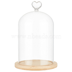 Heart Glass Dome Cover, Decorative Display Case, Cloche Bell Jar Terrarium with Wood Base, Clear, 145x230mm(AJEW-WH0471-46)