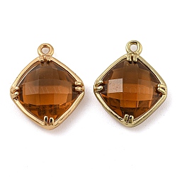 Brass with Glass Pendants, Long-Lasting Plated, Faceted Rhombus Charms, Sandy Brown, 16.5x13.5x4.5mm, Hole: 1.2mm(KK-G486-03G)