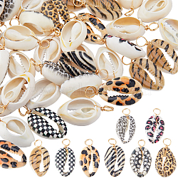 50Pcs Printed Natural Cowire Shell Pendants, Real 18K Gold Plated Copper Wire Wrapped Shell Charms, Mixed Color, 23.5~26.5x11.5~13.5x5.5~7mm, Hole: 3.4~4mm(SHEL-BBC0001-10)