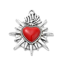Alloy Enamel Pendants, Antique Silver, Sacred Heart Charm, Red, 26x24x4mm, Hole: 1.5mm(PALLOY-O002-14A-AS)