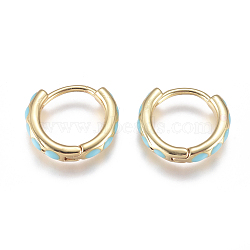 Golden Plated Brass Huggie Hoop Earrings, with Enamel and Clear Cubic Zirconia, Ring, Turquoise, 14x13x3mm, Pin: 1mm(EJEW-L231-27G)