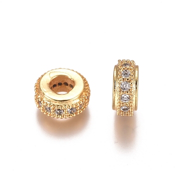 Brass Micro Pave Clear Cubic Zirconia Beads, Rondelle, Golden, 8x3.5mm, Hole: 3mm