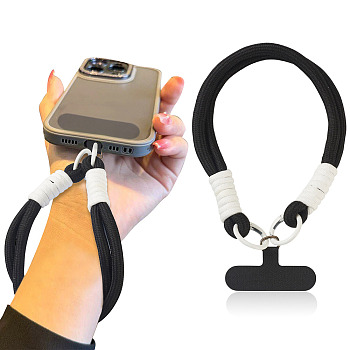 1Pc Polyester Adjustable Anti-lost Cord, with 1Pc Cloth Mobile Phone Lanyard Patch, Black, 160mm
