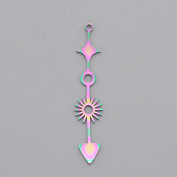 Ion Plating(IP) 201 Stainless Steel Pendants, Laser Cut, Arrow, Rainbow Color, 42x8.5x1mm, Hole: 1.4mm