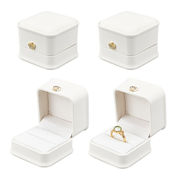 PU Leather Ring Gift Boxes, with Golden Plated Iron Crown and Velvet Inside, for Wedding, Jewelry Storage Case, White, 5.85x5.8x4.9cm