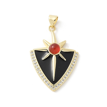 Cat Eye Pendants, Triangle with Sun, with Brass & Enamel  & Clear Cubic Zirconia, Rack Plating, Long-Lasting Plated, Cadmium Free & Lead Free, Real 18K Gold Plated, Chocolate, 33x22.5x5mm, Hole: 4x3.5mm