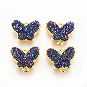 Brass Links connectors, with Druzy Resin, Butterfly, Golden, DarkSlate Blue, 14.5x16x4mm, Hole: 1.2mm