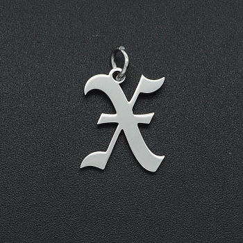 304 Stainless Steel Pendants, with Jump Ring, Old English, Letter, Laser Cut, Stainless Steel Color, Letter.X, 16x12.5x1mm, Hole: 3mm