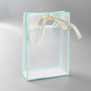 Rectangle Plastic Packaging Gift Bags with Hole Handle and Silk Ribbon, Rectangle, Pale Turquoise, 26.1x18.1x0.1~0.2cm