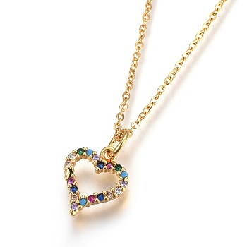 304 Stainless Steel Pendant Necklaces, with Cubic Zirconia, Heart, Colorful, Golden, 17.8 inch(45.5cm), Pendant: 12x10x2mm
