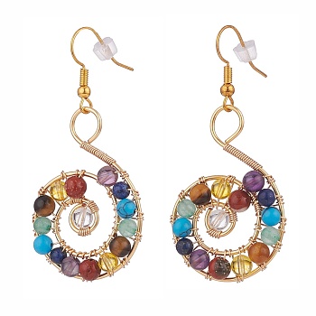 Natural & Synthetic Mixed Gemstone Braided Vortex Dangle Earrings, 316 Surgical Stainless Steel Wire Wrap Swirl Spiral Drop Earrings for Women, Golden, 55mm, Pin: 0.7mm