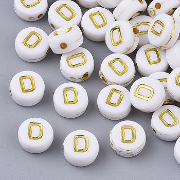 Plating Acrylic Beads, Golden Metal Enlaced, Horizontal Hole, Flat Round with Alphabet, White, Letter.D, 7x3.5mm, Hole: 1.2mm, about 360pcs/50g