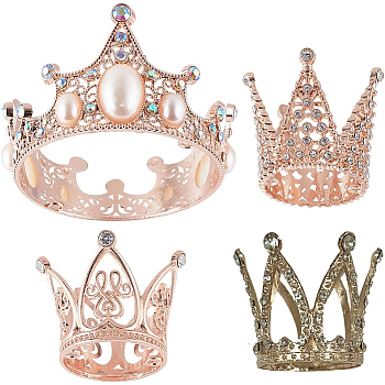 4Pcs 4 Styles Alloy Rhinestones Crown Cake Decoration, for Birthday Cake Decoration, Rose Gold, 31.5~65x31.5~44mm, Hole: 2~3mm, Inner Diameter: 27~62mm, 1pc/style