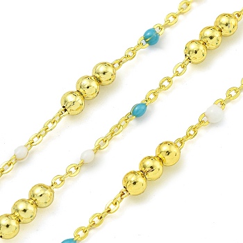 Brass Enamel Round Beaded Link Chain, Soldered, with Spool, Long-Lasting Plated, Cadmium Free & Lead Free, Real 18K Gold Plated, Dark Turquoise, 12x3.5mm