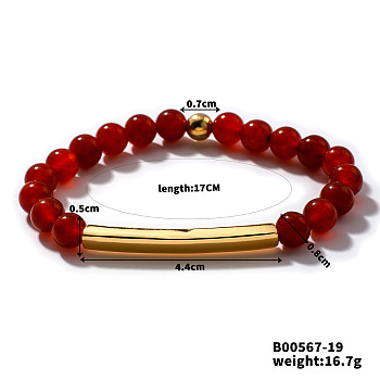 Natural Carnelian Stretch Bracelets, Brass Tube Beaded for Women, Elegant and Stylish Daily Accessory, Inner Diameter: 6-3/4 inch(17cm)