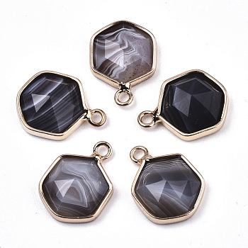 Natural Botswana Agate Charms, with Light Gold Plated Brass Edge and Loop, Hexagon, Faceted, 15x11x4.5mm, Hole: 1.5mm