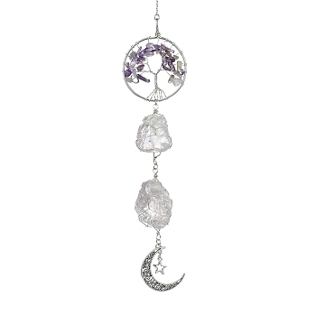 Tree of Life Natural Amethyst Pendant Decorations, with Tibetan Style Alloy Pendants and 304 Stainless Steel Cable Chains, 310mm, Pendants: 210x51x26mm