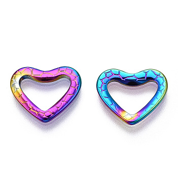 Ion Plating(IP) 304 Stainless Steel Linking Ring, Textured, Heart, Rainbow Color, 12x14x1.5mm, Inner Diameter: 6x9.5mm