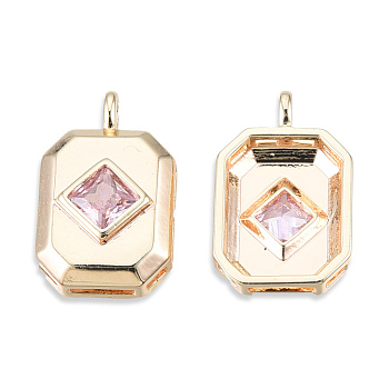 Brass Pave Cubic Zirconia Pendants, Cadmium Free & Nickel Free & Lead Free, Real 18K Gold Plated, Octagon, Pink, 16x10x4mm, Hole: 1.4mm