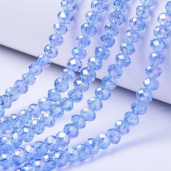 Electroplate Glass Beads Strands, AB Color Plated, Faceted, Rondelle, Light Sky Blue, 4x3mm, Hole: 0.4mm, about 113~115pcs/strand, 41~42cm