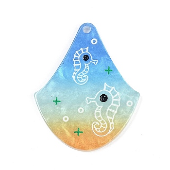 Marine Organism Series Fan Shape Acrylic Pendants, Sea Horse, 37.5x30x2mm, Hole: 1.8mm