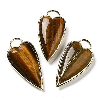 Natural Tiger Eye Pendants, Rack Plating Brass Heart Charms, Golden, 38x19x7.3~7.8mm, Hole: 4.7x6.5mm