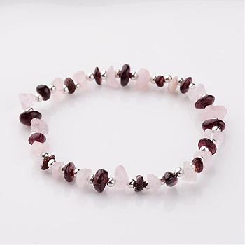 Gemstone Stretch Bracelets, with Iron Findings, Silver Color Plated Natural Garnet and Rose Quartz Beads, Dark Red and Pink, 55mm