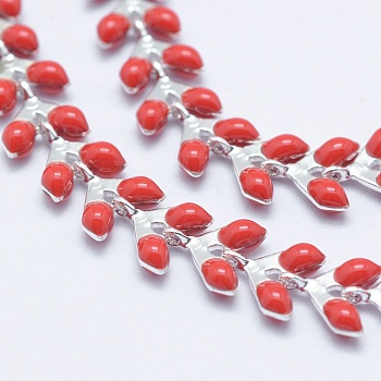 Brass Handmade Chains, Unwelded, with Enameled Cobs, Long-Lasting Plated, Leaf, Platinum, Red, 6.5x6x0.5mm