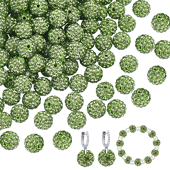 100Pcs Polymer Clay Pave Rhinestone Beads, Disco Ball Beads, Peridot, PP15(2.1~2.2mm), 6 Rows Rhinestone, 12mm, Hole: 1.5mm