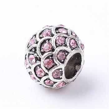 Alloy Rhinestone European Beads, Large Hole Beads, Rondelle, Antique Silver, Light Rose, 10~11x8.5mm, Hole: 4.5mm