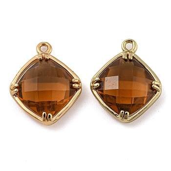 Brass with Glass Pendants, Long-Lasting Plated, Faceted Rhombus Charms, Sandy Brown, 16.5x13.5x4.5mm, Hole: 1.2mm