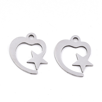 201 Stainless Steel Charms, Laser Cut, Heart with Star, Stainless Steel Color, 14.5x13x0.9mm, Hole: 1.6mm