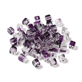 Two Tone Transparent Glass Beads, Cube, Purple, 6x6x7mm, Hole: 1.4mm
