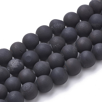 Electroplate Natural Druzy Geode Weathered Agate Beads Strands, Frosted, Dyed, Round, Black Plated, 6~6.5mm, Hole: 1.5mm, about 65pcs/strand, 15.5 inch