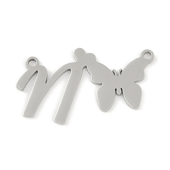 Non-Tarnish 304 Stainless Steel Pendants, Letter & Butterfly Charms, Letter N, 13.5x25x0.9mm, Hole: 1.2mm