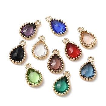Brass with K9 Glass Charms, Light Gold, Teardrop Charms, Mixed Color, 12~12.5x8x3.5mm, Hole: 1.4mm