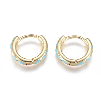 Golden Plated Brass Huggie Hoop Earrings, with Enamel and Clear Cubic Zirconia, Ring, Turquoise, 14x13x3mm, Pin: 1mm