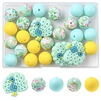 25Pcs 5 Styles Food Grade Eco-Friendly Silicone Focal Beads, Round & Peacock, Mixed Color, 15~27x15~28x9.5~15mm, Hole: 2~3mm(SIL-YW0001-96)