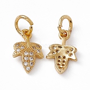 Rack Plating Brass Cubic Zirconia Charms, Grape Leaf Charm, with Jump Ring, Long-Lasting Plated, Lead Free & Cadmium Free, Real 18K Gold Plated, 13x8.5x2.2mm, Hole: 3.4mm(KK-M236-10G)